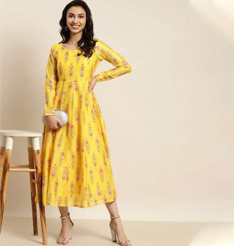 Yellow & Pink Ethnic Motifs Crepe Ethnic Midi Dress